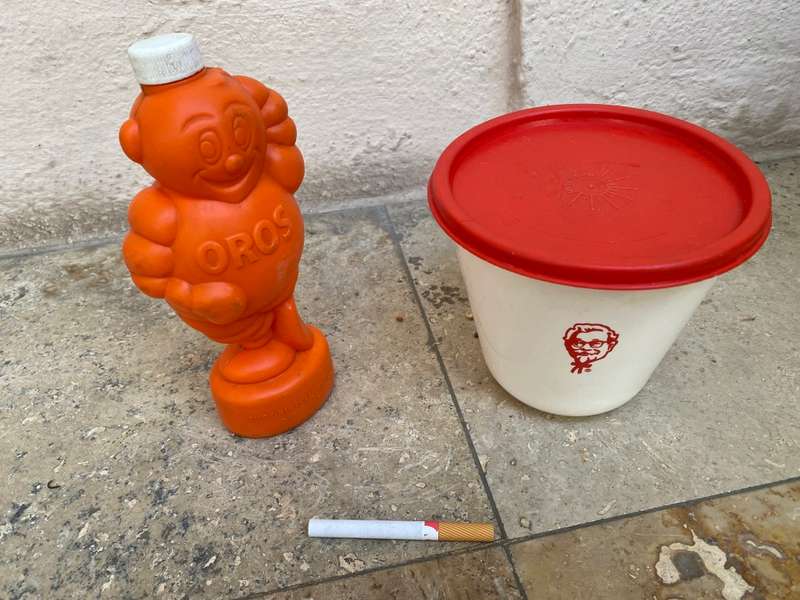 Vintage Kentucky fried chicken bucket , vintage OROS man bottle pair 1980