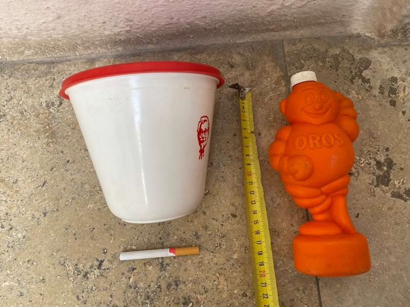 Vintage Kentucky fried chicken bucket , vintage OROS man bottle pair 1980