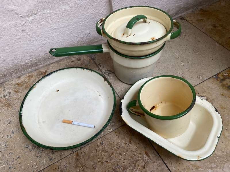 Vintage kitchen heavy enamel lot , pot plate bowl mug and tray lot , cream and green judge