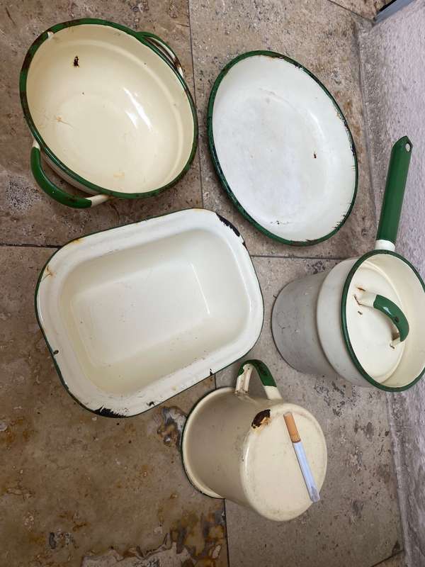 Vintage kitchen heavy enamel lot , pot plate bowl mug and tray lot , cream and green judge