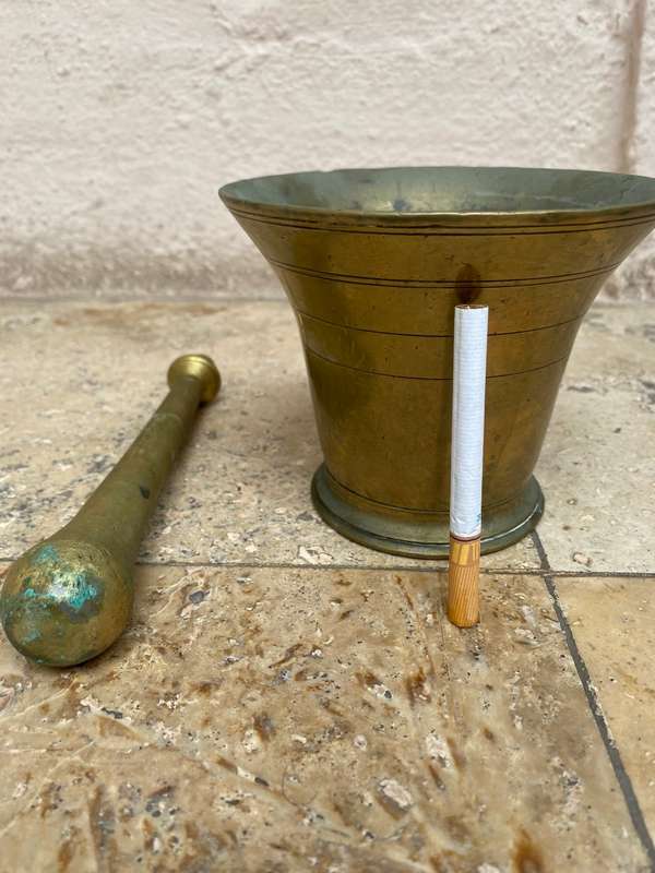 Vintage heavy brass mortar and pestle no 8 , with signs of age