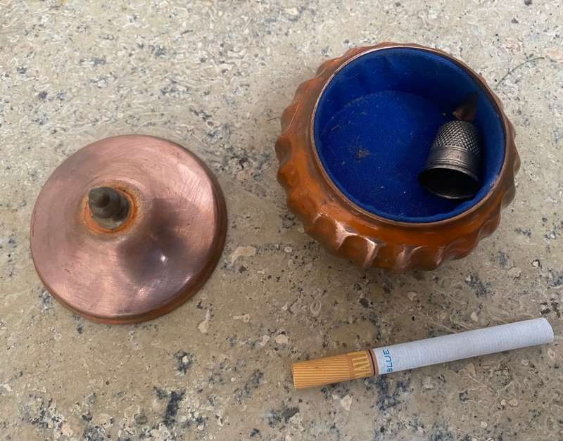 Vintage royal sable copper pin trinket box with thimble