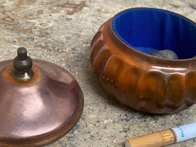 Vintage royal sable copper pin trinket box with thimble