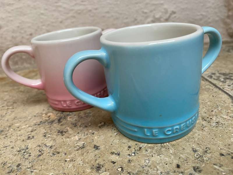 Le Creuset baby mug cup pastel blue and pink stoneware pair