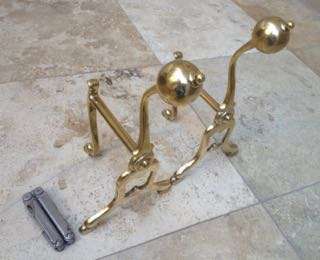 vintage JCandS brass andiron andirons / wood holder fire tools , fire dogs