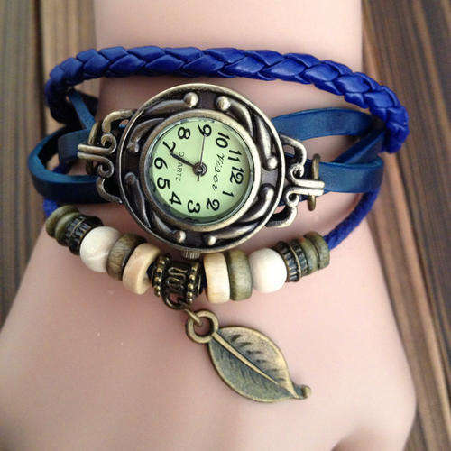 Women Genuine Leather Vintage Watch, Bracelet Wristwatches Leaf Pendant