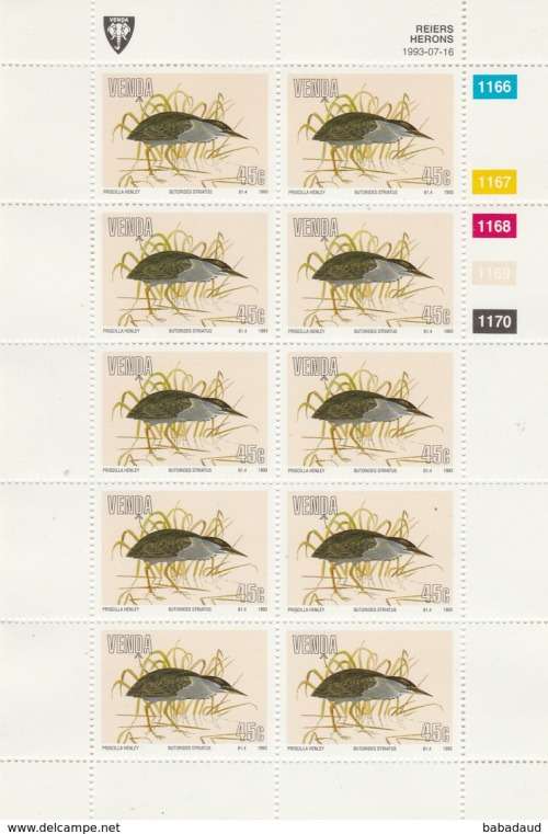 Venda, 1993, birds, herons, set of 4, full sheets of 10 MNH**
