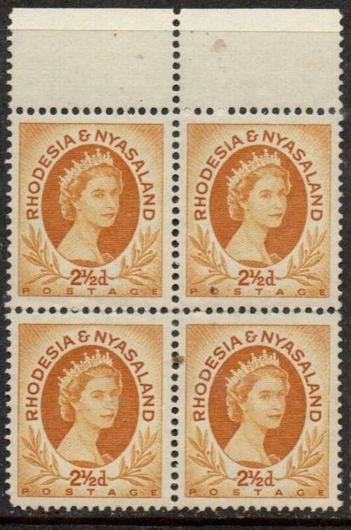 Rhodesia & Nyasaland, 1956, 2 1/2d ochre, top marginal block of 4, MNH **