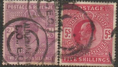 Great Britain, EVIIR, 2`6, 5/, used, undated circular parcel cancellations