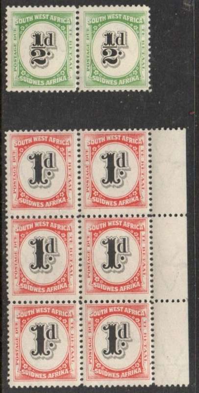 South West Africa. 1931 Postage Due, 1/2d pair, 1d block of 6, MNH **