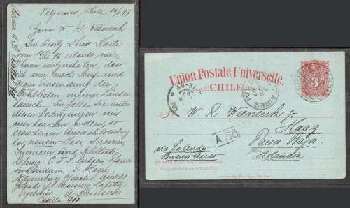 Chile 1884/7 postal stationery post card 3c , used VALPARISO 14 I 1897 > Holland, BUENOS AIRIES tra