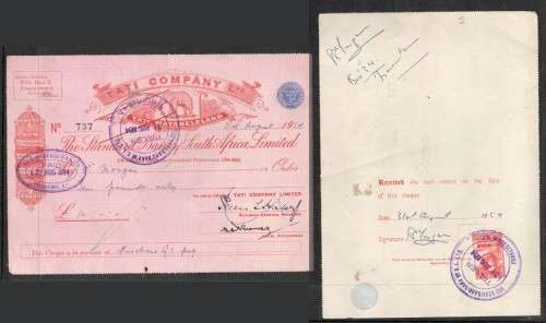 Bechuanaland, Tati Company Cheque impressed 2d DUTY, receipted in FRANCISTOWN 31 AUG 1954 , 1d GVIR