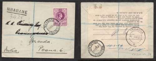 Swaziland Registered cover, 6d MBABANE 13 MAR 39 > India YERAVDA 23 MAR 39 arrival, Sealing label G