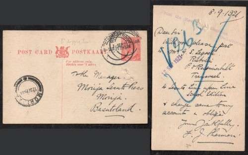 South Africa, GVR, 1d postal card, used POTCHEFSTROOM 7 SEP 21 (also 8 SEP) > Basutoland MORIJA 12 S
