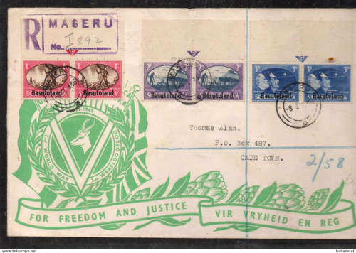 SWAZILAND GVIR, Victory set , souvenir cover MASERU 8 I 46 c.d.s. Registered > Cape Town NOT FDC