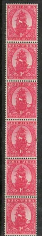 South Africa, 1943, 1d coil, strip of 6 MNH **