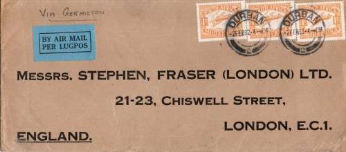 South Africa, Air Mail, 3/, DURBAN 2 FEB 32 c.d.s. > London (UK) `VIA GERMISTON` m/s/