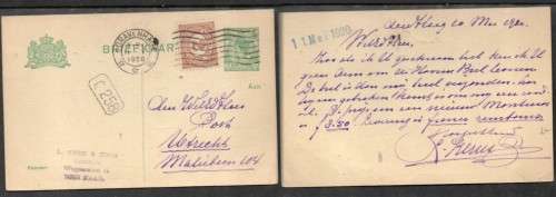 Netherlands,3c postal card, uprated _2c used sGRAVENHAGE11 V 20 c.d.s. roller > Utrecht