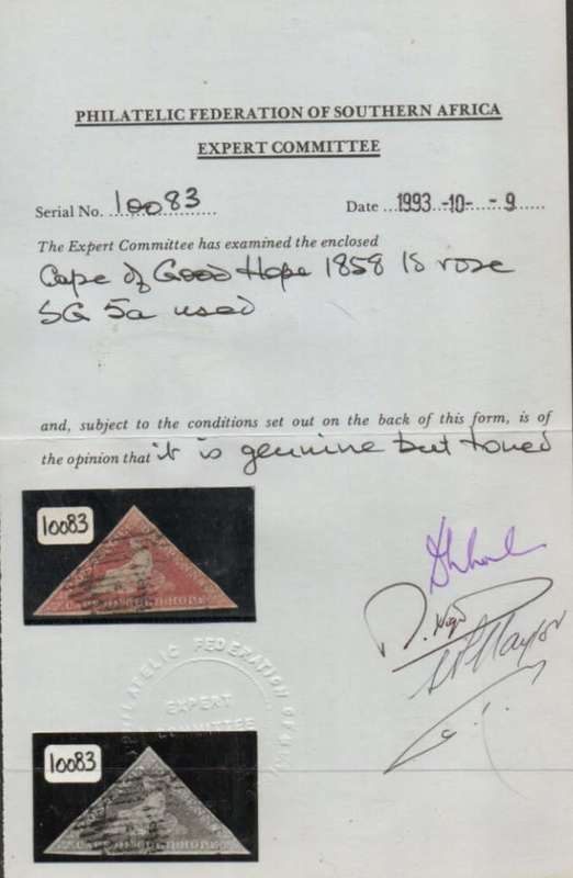 South Africa, CoGH, 1858, 1d rose, triangular, used, toned with certificate