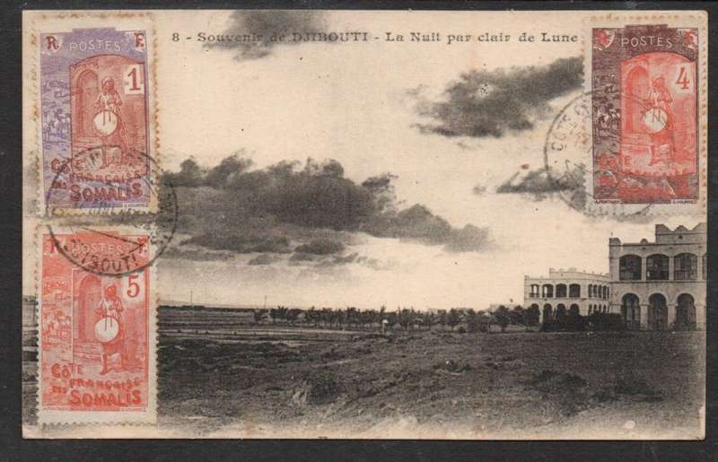 French Somali Coast, Post card DJIBOUTI, 1c, 4c, 5c, DJIBOUTI c.d.s by favour