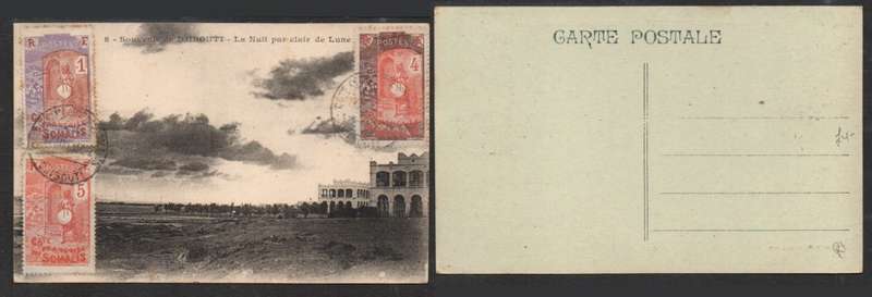 French Somali Coast, Post card DJIBOUTI, 1c, 4c, 5c, DJIBOUTI c.d.s by favour