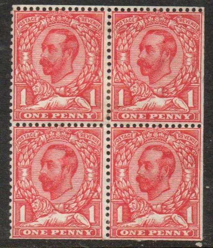 Great Britain GVR, 1912, 1d, bright scarlet block of 4, booklet, top MH*, lower MNH **
