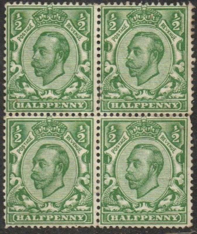 Great Britain GVR, 1911, 1/2d, perf 14, block of 4, top MH*, lower MNH **