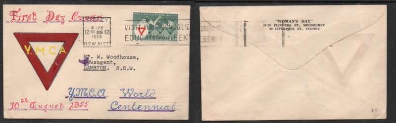Australia, YMCA 3 1/2d, SYDNEY 10 AU 1955 + VISIT YOUR SCHOOLS EDUCATION WEEK , hand drawn FDC