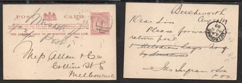 Australia, Victoria, VRI, 1887 One Penny card, used BEECHWORTH VICTORIA AU 29 89 barred duplex 9 >