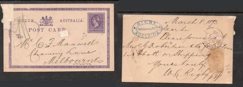 South Australia,VRI, One Penny postcard, from RIGBY KING WILLIAM ST ADELAIDE used no cancel, MELBOU