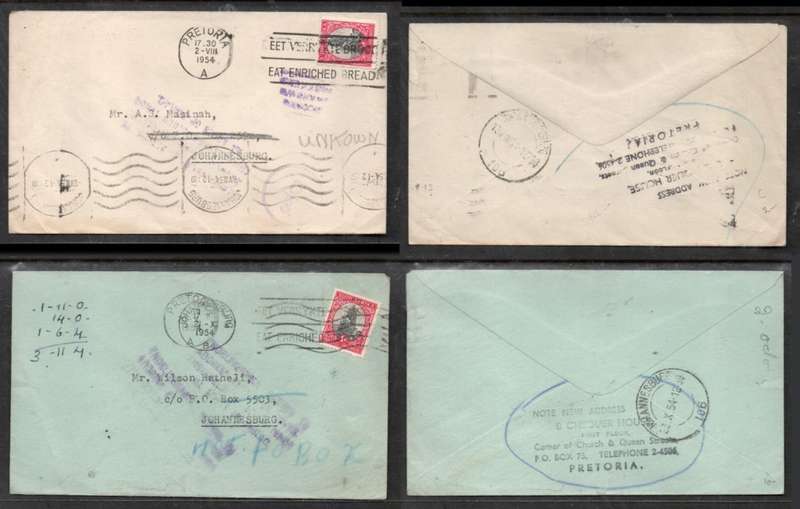 S. Africa, 1954, 2 domestic covers return to sender etc
