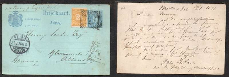 Netherlands 5c postcard, uprated + 2 1/2c, MEDAY 17.8 1897 sq.c.d.s.> ALTONA (Germany)