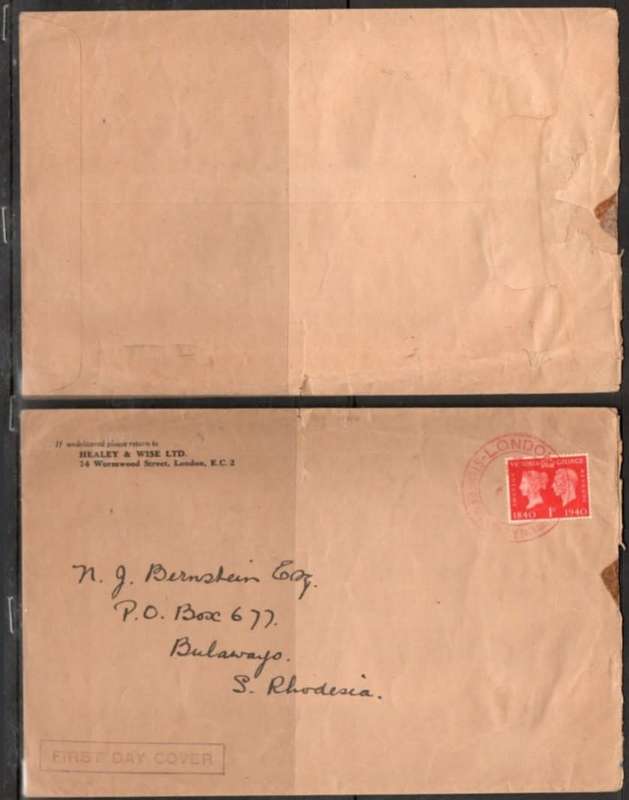 Great Britain, GVIR, 1840 Stamp Centenary, 1d, LONDON 6 MAY 1940 c.d.s. 1st Day_> S.Rhodesia