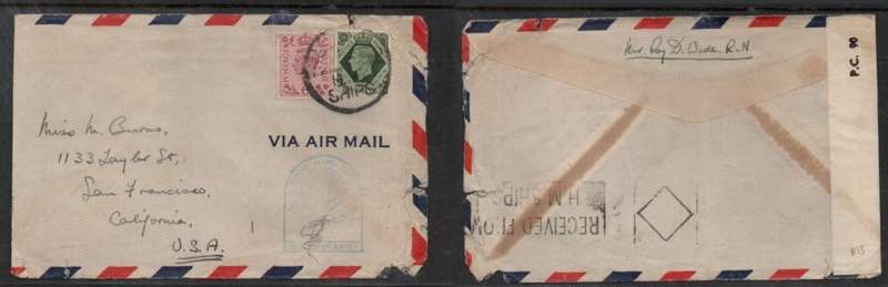 Great Britain, GVIR, WWII, 1`3 air mail USA, RECEIVED FROM H.M. SHIP cancel on front & roller (rev)
