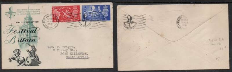 Great Britain, GVIR, Festival of Britain, FESTIVAL OF BRITAIN LONDON S.E.1 4 MAY 1951 c.d.s. > S.Af