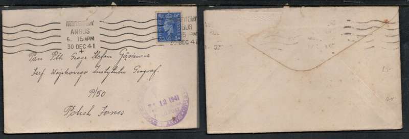 Great Britain, 2 1/2d, BROUGHTY FERRY ANGUS 30 DEC 41 > POLISH ARMY CORPS FIELD POST, Polish Forces
