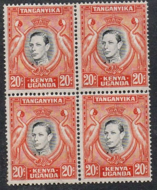Kenya Uganda Tanganyika, GVIR, 1942 20c, , block of 4, perf 13.25 x 13.75 top pair MH *, lower MNH**