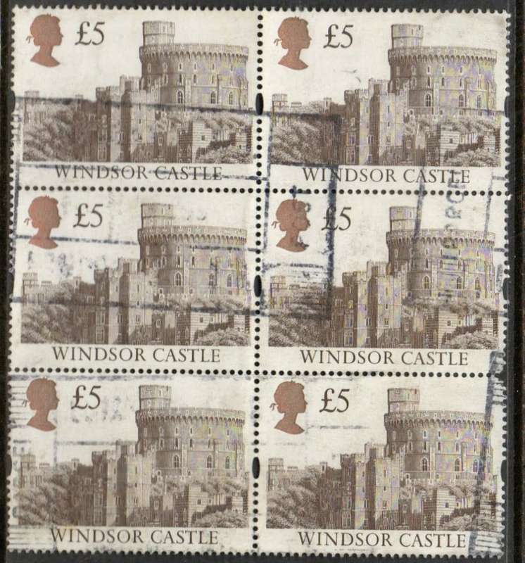 Great Britain EIIR, £5, Windsor castle block of 6, used boxed parcels cancellation.