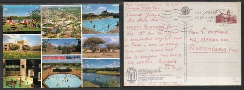 South Africa, Rob Ferreira Mineral baths, Christians, multi-view, postally used 1986