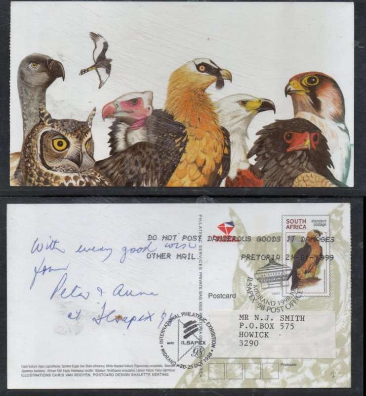 South Africa Standard Postage card, birds of prey, used, PRETORIA 21 01 1999 ILSAPEX`98 POST OFFICE