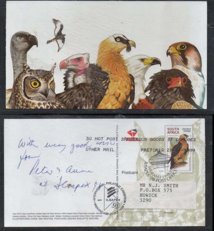 South Africa Standard Postage card, birds of prey, used, PRETORIA 21 01 1999 ILSAPEX`98 POST OFFICE