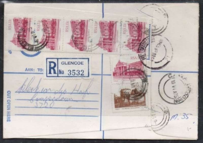 South Africa:1985 Registed,67c GLENCOE 85 06 08 c.d.s. > CAMPERDOWN 10 VI 85 arrival,