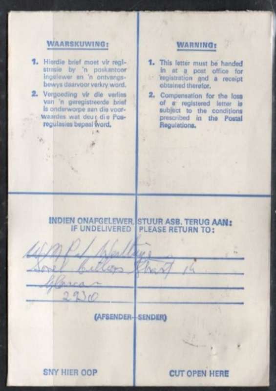 South Africa:1985 Registed,67c GLENCOE 85 06 08 c.d.s. > CAMPERDOWN 10 VI 85 arrival,