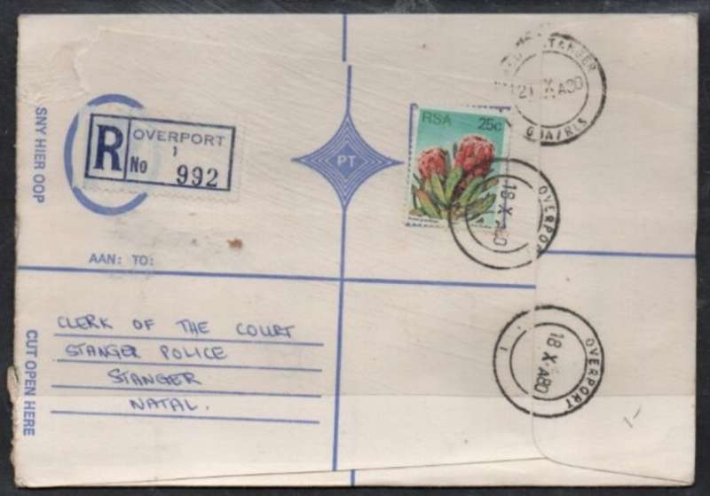 South Africa:1980 Registed,25c OVERPORT 18 X 80 c.d.s. >STANGER 21 X 80 arrival,