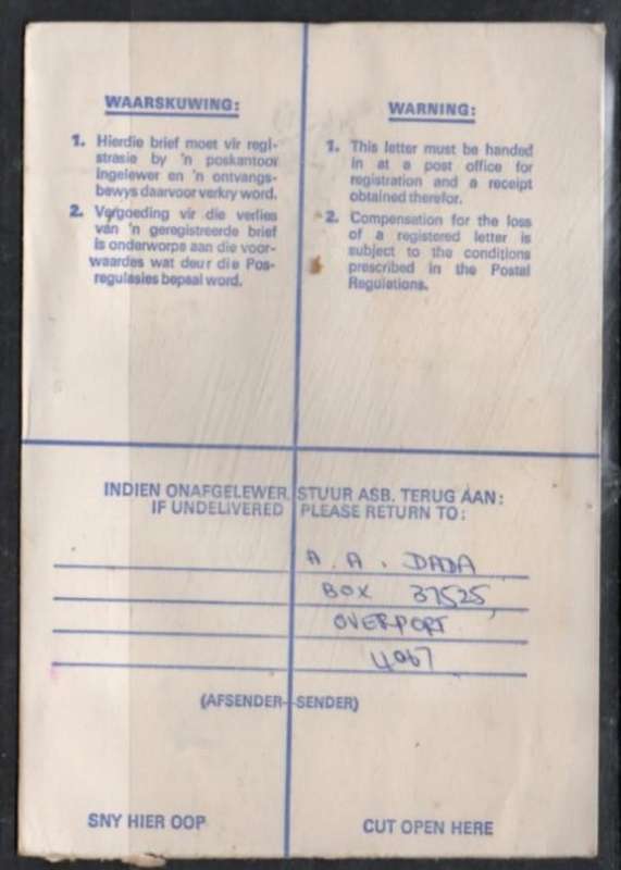South Africa:1980 Registed,25c OVERPORT 18 X 80 c.d.s. >STANGER 21 X 80 arrival,