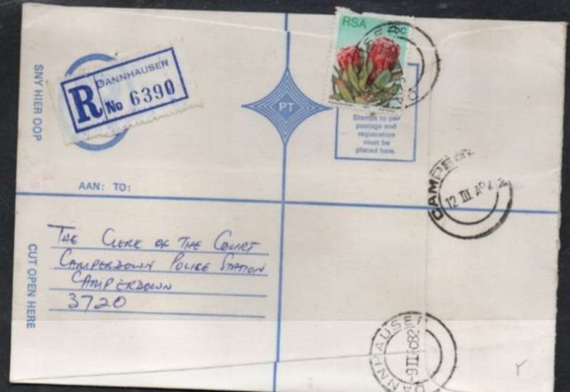 South Africa:1982 Registed,25c DANNHAUSER 9 II 82 c.d.s. > CAMPERDOWN 12 III 82 arrival