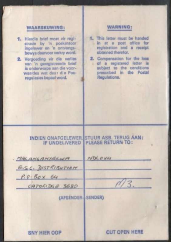 South Africa:1981 Registered,25c CATO RIDGE 1 XII 81c.d.s. > CAMPERDOWN 4XII 81 arrival, CAMPERDOWN