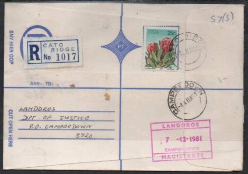 South Africa:1981 Registered,25c CATO RIDGE 1 XII 81c.d.s. > CAMPERDOWN 4XII 81 arrival, CAMPERDOWN