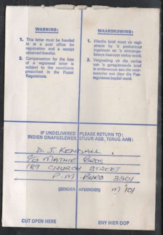 South Africa:1981 Registered,25c HOWICK 29 XII 81c.d.s.. > CAMPERDOWN 30 XII 81 arrival, CAMPERDOWN