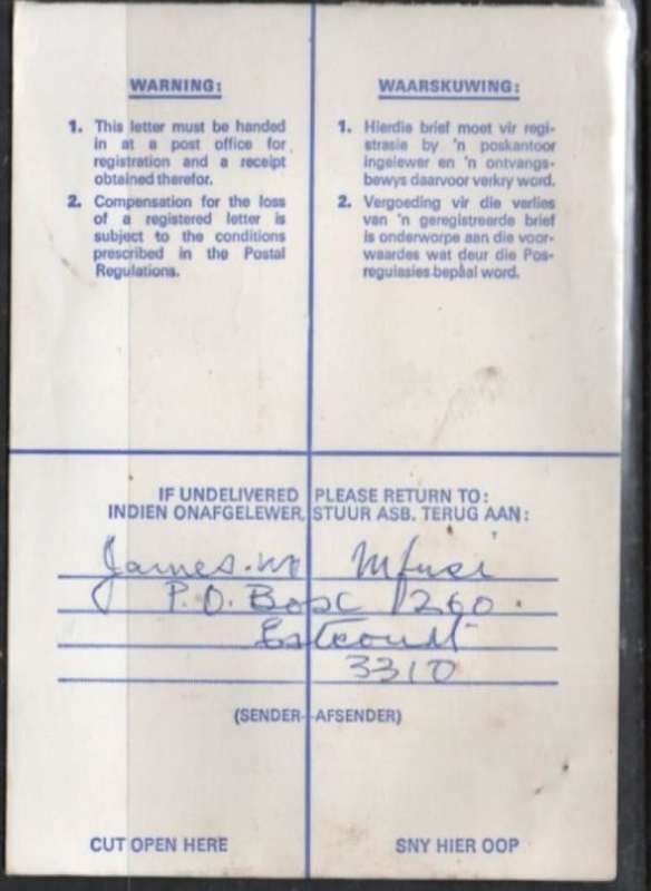 South Africa:1981 Registered,25c ESTCOURT 23 XII 81 c.d.s.. > CAMPERDOWN 28 XII 81 arrival